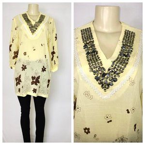Yellow & Brown Floral Print Tunic Small